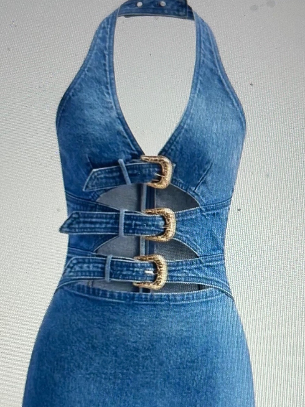 D97  NWT Commense Medium Halter Dress Denim Buckles
